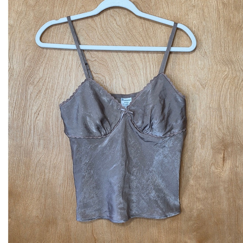 Y2K Woven Brown Satin Shimmer Lace Crochet Trim Cami Top Size M 8-10